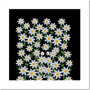 Cat hiding in daisy flower field at night Posters and Art